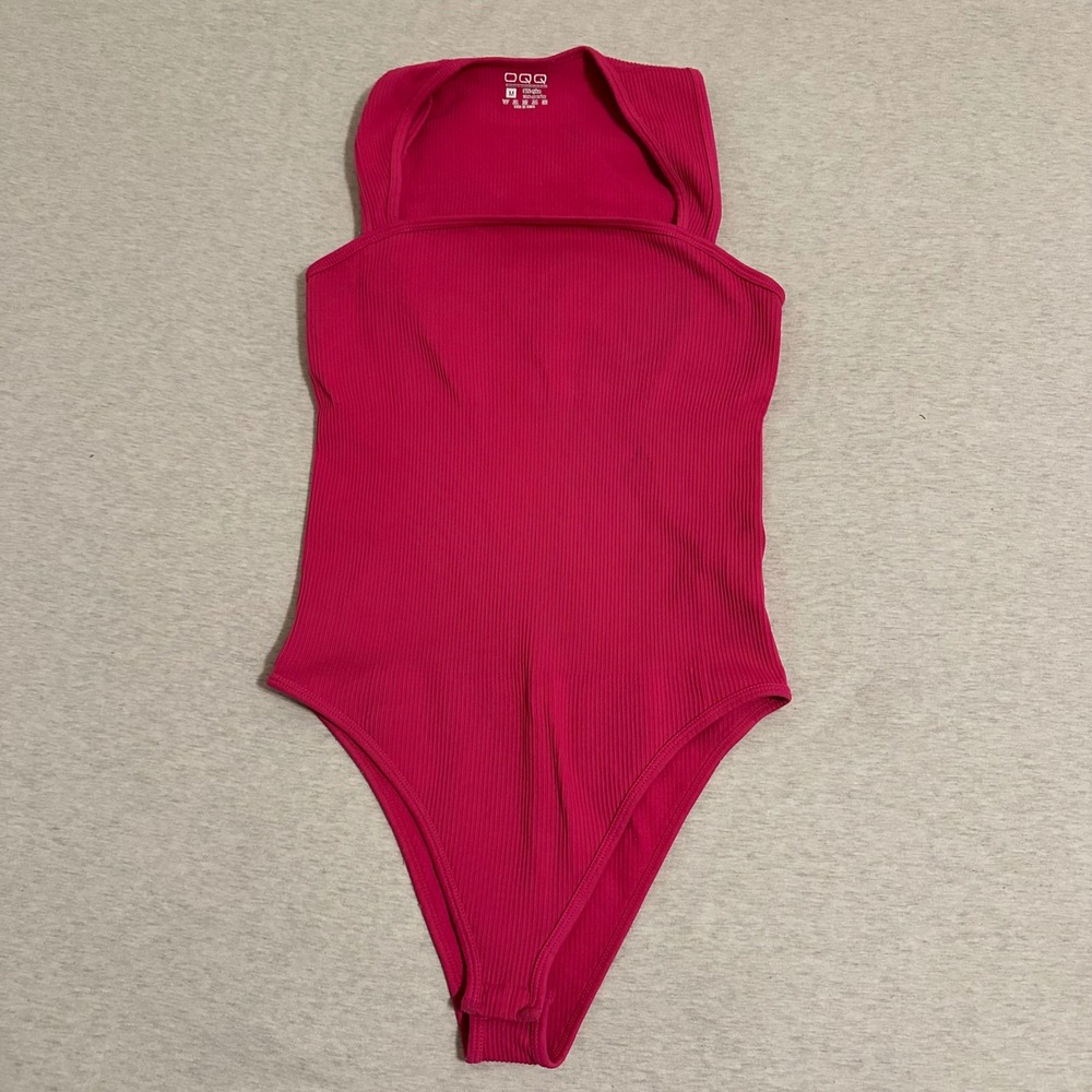 OQQ Ribbed Tank Bodysuit Hot Pink Square Neck Sleeveless M